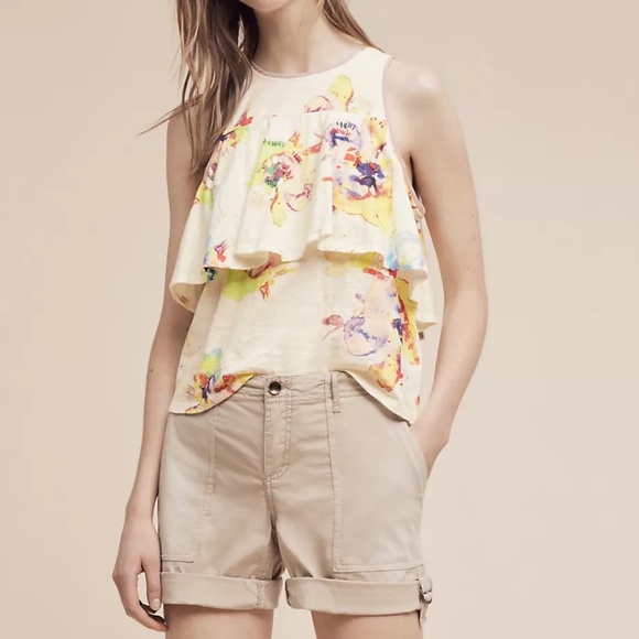 Anthropologie Meadow Rue Cantara Ruffle Tank Top‎ Floral Watercolor Print Size S - Picture 2 of 6